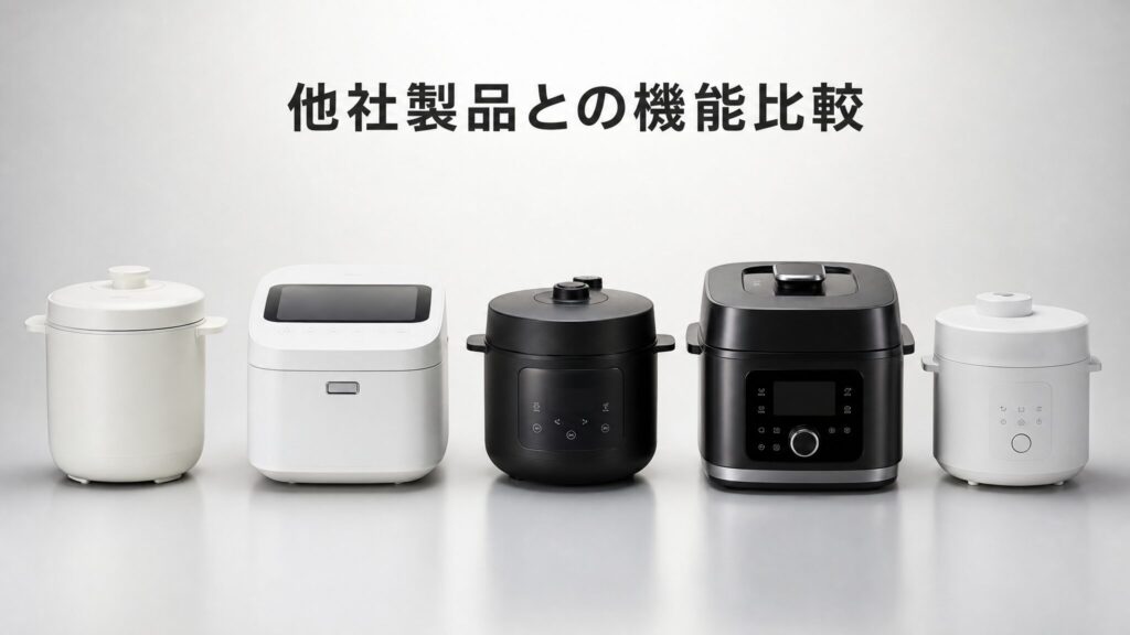 他社製品との違いを徹底比較するインフォグラフィックで、A社からE社まで5台の自動調理鍋と電気圧力鍋を横一列に並べてデザインの違いを示した解説図