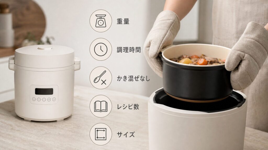 象印の自動調理鍋のデメリットと知っておくべき注意点を示すインフォグラフィックで、ミトンで内なべを持ち上げる様子と重量や調理時間など5項目のアイコンを配置した解説図