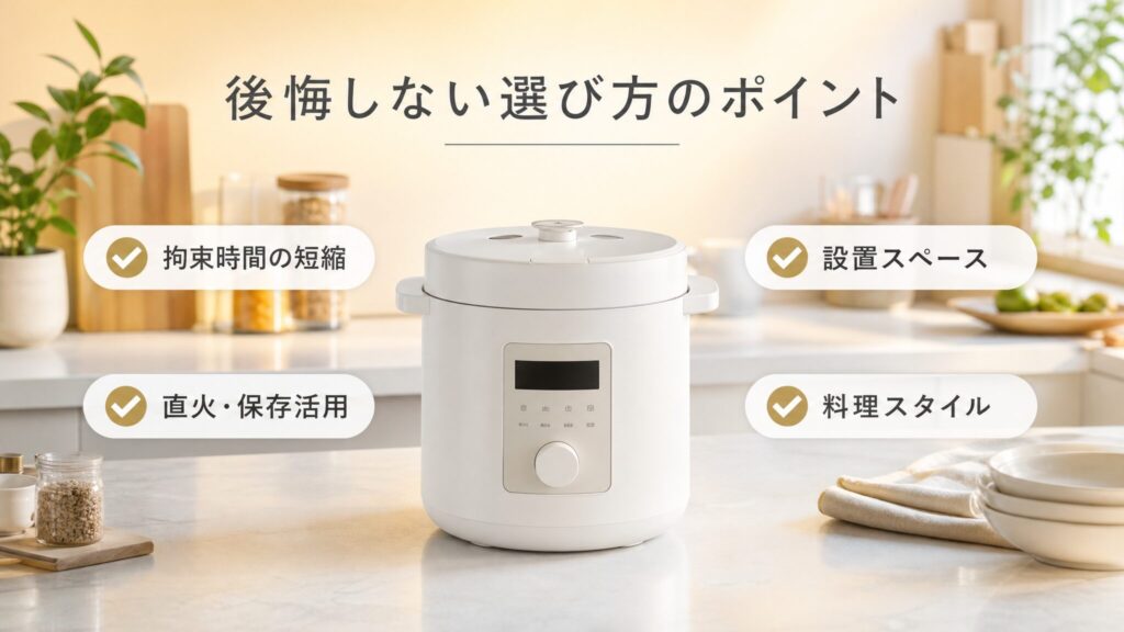 象印の自動調理鍋を後悔せず選ぶためのチェックポイントを示すインフォグラフィックで、本体と拘束時間や設置スペースなど4つの判断軸のアイコンを配置した総括解説図