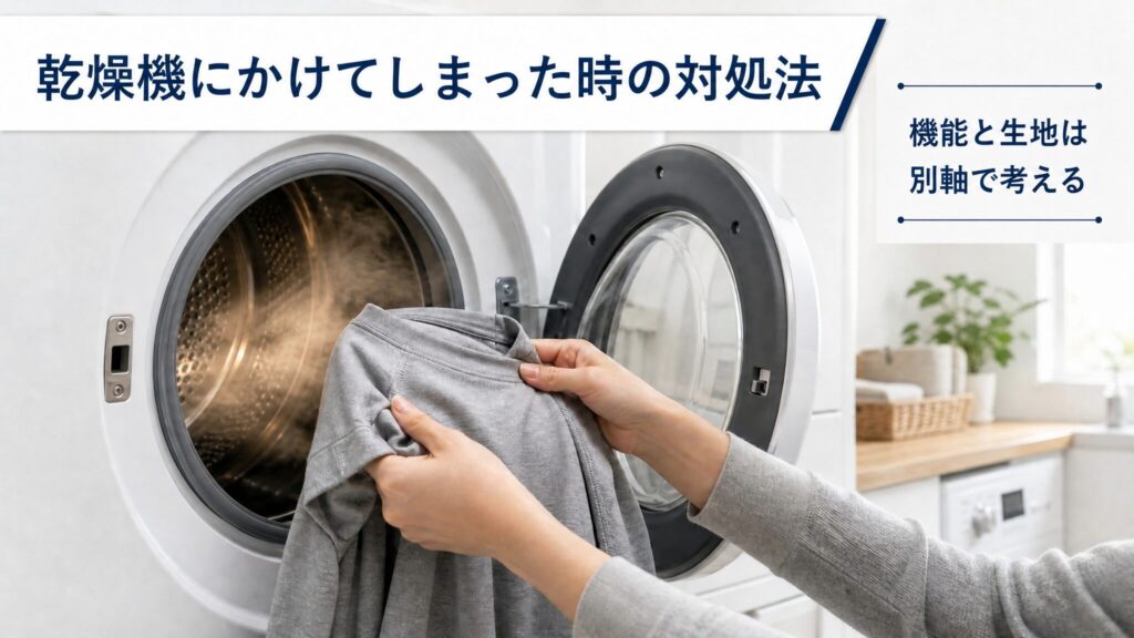 BAKUNEを乾燥機にかけてしまった場面をイメージした、家庭用ドラム式乾燥機からグレーの長袖リカバリーウェアを取り出す瞬間を切り取ったメインビジュアル画像。