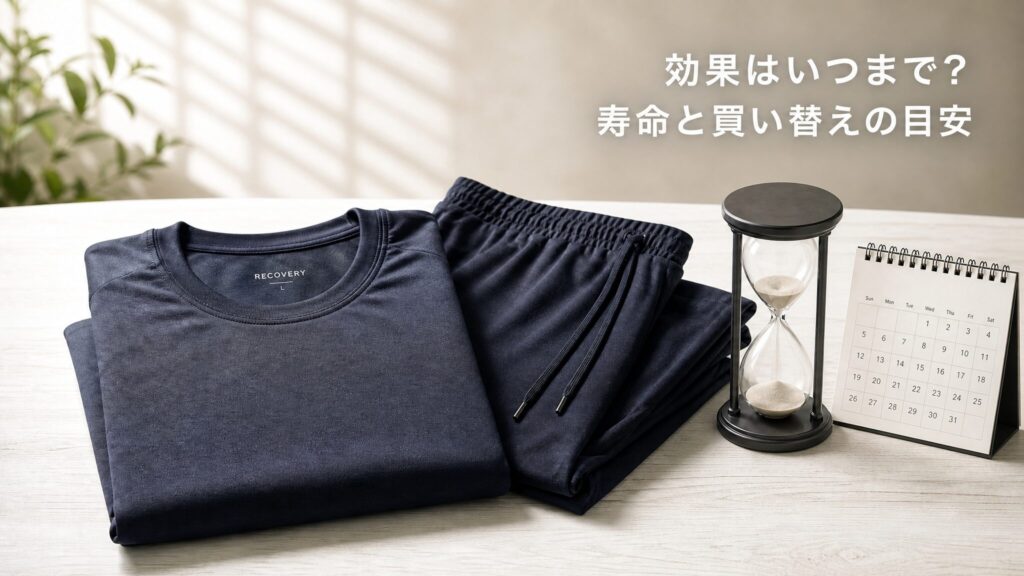 BAKUNEの効果はいつまで続くのか、寿命と買い替えの目安を解説する記事のメインビジュアル。畳まれたグレーのリカバリーウェア上下セットと砂時計、カレンダーを白い木目テーブルに配置した構図。