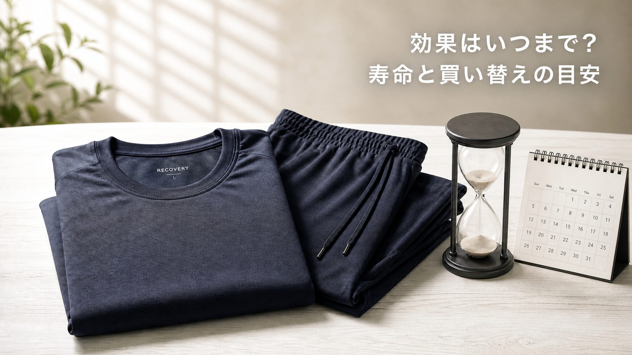 BAKUNEの効果はいつまで続くのか、寿命と買い替えの目安を解説する記事のメインビジュアル。畳まれたグレーのリカバリーウェア上下セットと砂時計、カレンダーを白い木目テーブルに配置した構図。