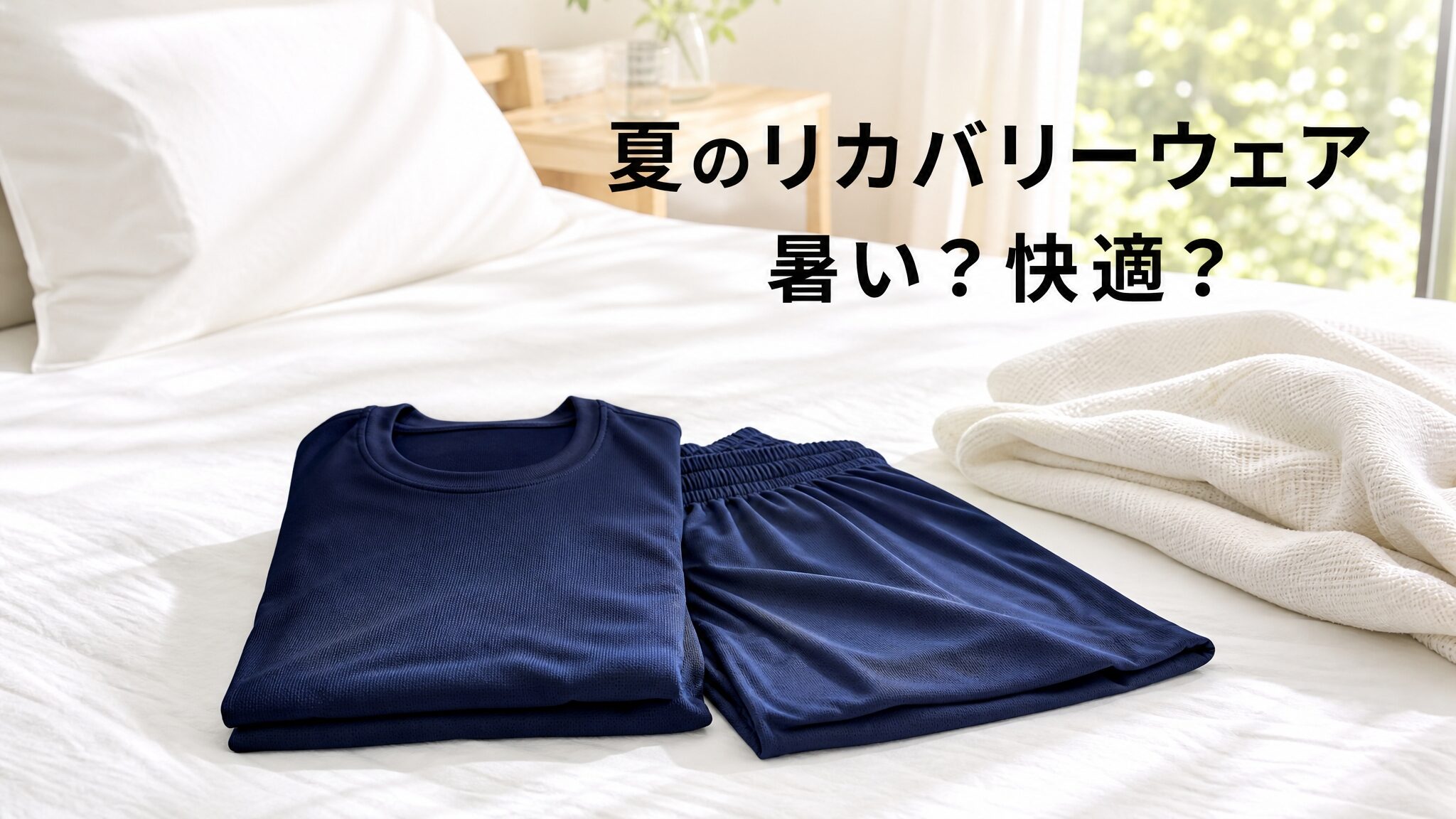 夏のベッドの上に半袖ショートパンツのリカバリーウェア上下セットと薄手の肌掛け布団を並べたBAKUNEは夏に暑いのかを解説する記事のメインビジュアル