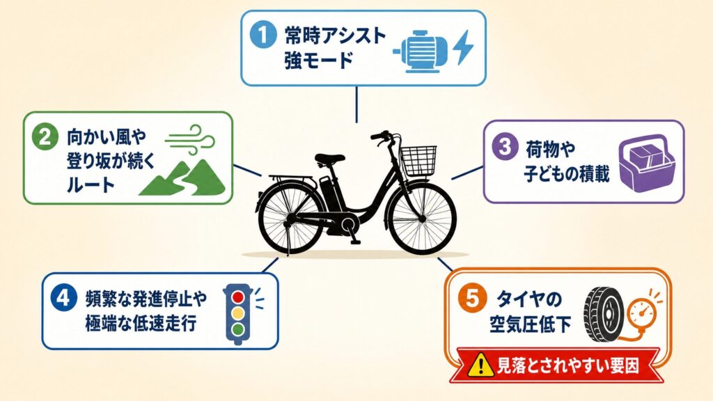 電動自転車のバッテリー消費を押し上げる常時アシスト強モード、向かい風や登り坂、積載重量、頻繁な発進停止、タイヤの空気圧低下の5要因を、自転車を中心とした放射状の関係図で整理し空気圧をハイライトしたインフォグラフィック