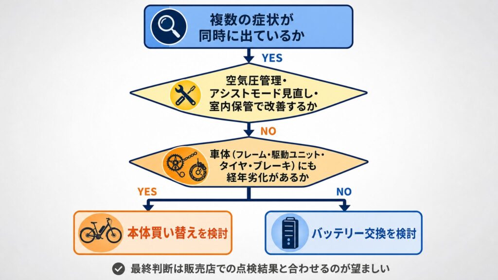 電動自転車のバッテリー交換と本体買い替えの判断を、複数症状の発生確認から基本対策での改善有無、車体の経年劣化の有無を経て導く縦方向の分岐チャート形式の判断インフォグラフィック