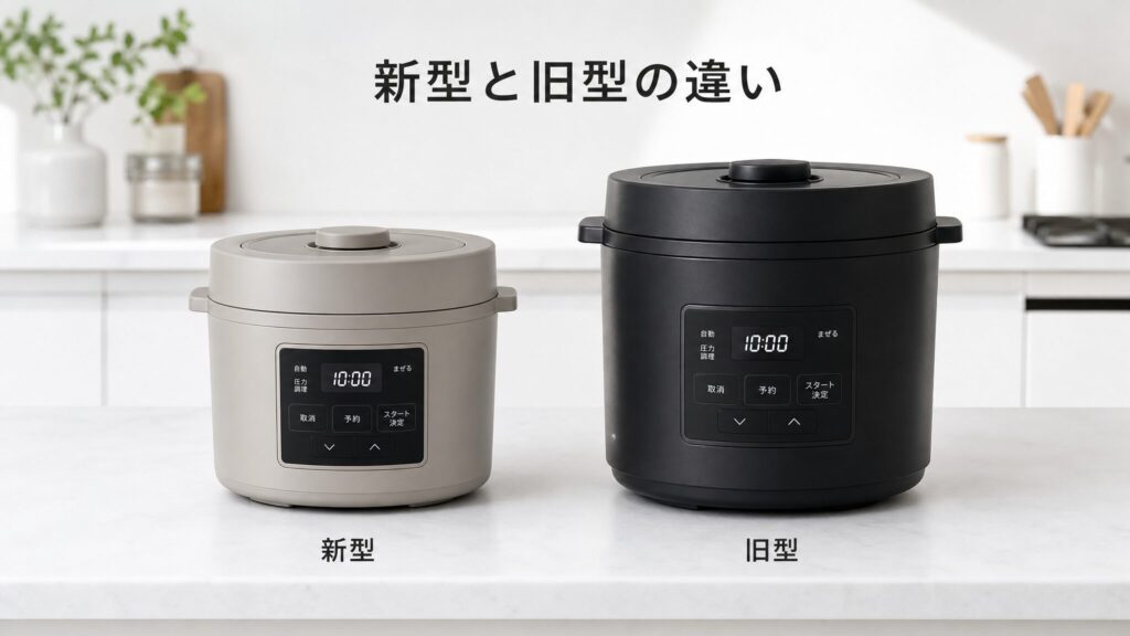 オートクッカービストロの新型と旧型の違いを示すメインビジュアルで、ライトグレージュの新型とブラックの旧型の自動調理鍋を左右に並べ、後悔しない選び方を比較するイメージを伝えるフォトリアリスティックなインフォグラフィック