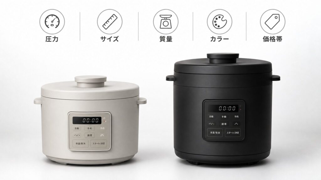 オートクッカービストロの新型と旧型の違いを概観するインフォグラフィックで、ライトグレージュとブラックの自動調理鍋を並べ、圧力・サイズ・質量・カラー・価格帯の比較項目をアイコンで示した解説図