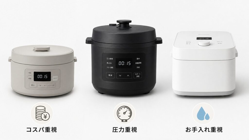 オートクッカービストロの新型と旧型およびホットクックの3機種を横並びで比較したタイプ別おすすめインフォグラフィックで、コスパ重視・圧力重視・お手入れ重視の選び方をアイコンで示した解説図