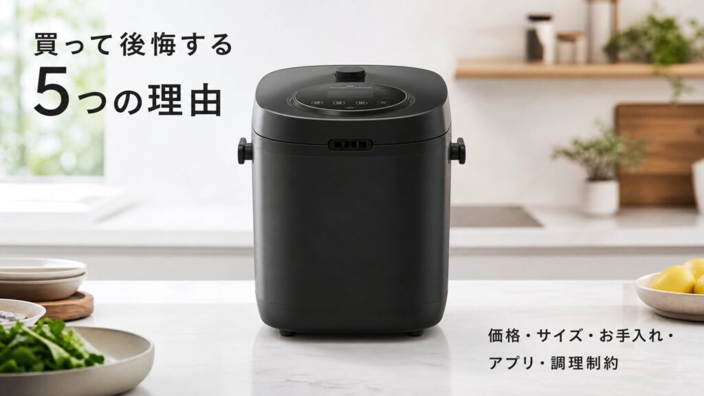 オートクッカービストロを買って後悔する5つの理由を象徴する黒色の自動調理鍋本体と、価格やサイズなど主要なデメリット要素を整理したインフォグラフィック画像