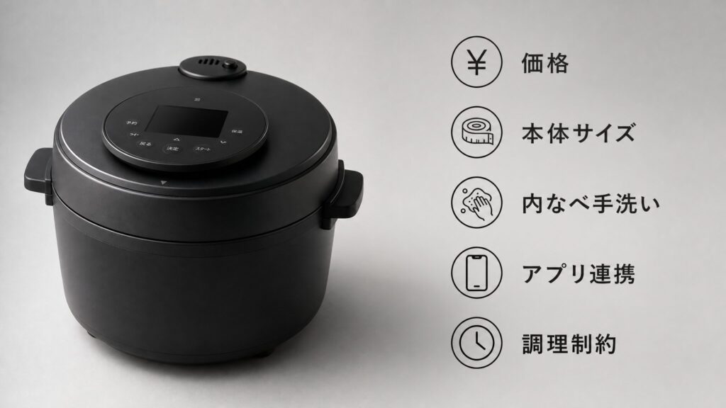 オートクッカービストロを買って後悔する主な理由として価格や本体サイズ、内なべ手洗い、アプリ連携、調理制約の5項目をアイコンで整理した解説インフォグラフィック