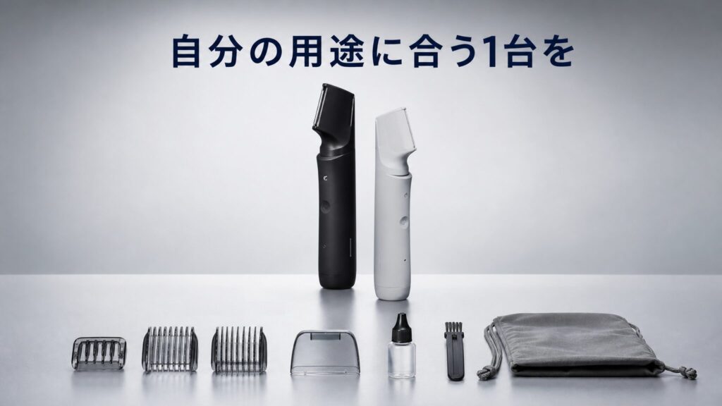 ラムダッシュボディトリマーで自分の用途に合う1台を選ぶまとめ画像。ブラックとライトグレーの本体2台と付属アタッチメント・オイル・ポーチを整然と並べ、選定の最終確認シーンを表現したインフォグラフィック。