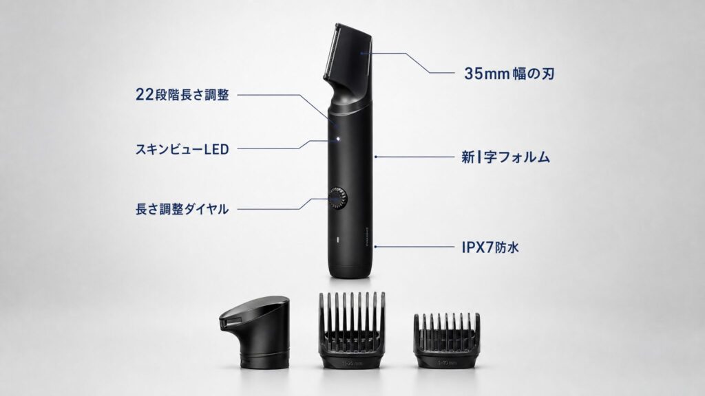 ラムダッシュボディトリマーER-GK9AとER-GK8Aの違いをスペック面から整理する解説画像。本体を中央に配置し、22段階長さ調整やスキンビューLEDなど主要機能を放射状のラベルで示したインフォグラフィック。