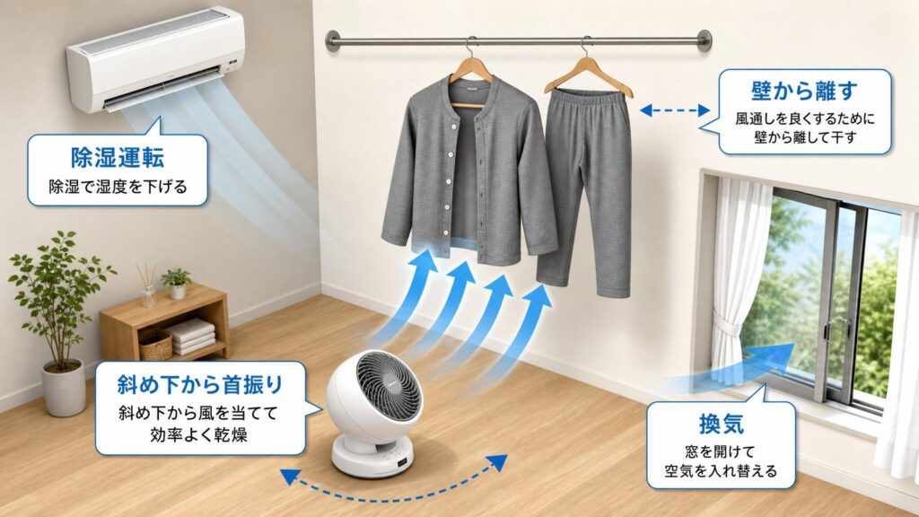 BAKUNEを乾燥機にかけてしまった人向けに、サーキュレーターを斜め下から当て、エアコンの除湿運転と換気を組み合わせた部屋干しの最適配置を断面図で示した図解。