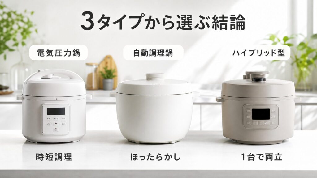 電気圧力鍋・自動調理鍋・ハイブリッド型の3タイプを横一列に並べ、それぞれの特徴と結論を示した記事の章扉用フォトリアリスティックインフォグラフィック