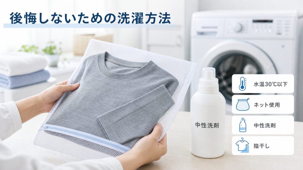 BAKUNEを乾燥機にかけてしまった経験を踏まえた今後の洗濯方法として、洗濯ネット・中性洗剤・水温30度以下・陰干しの4ポイントを整理したガイド画像。