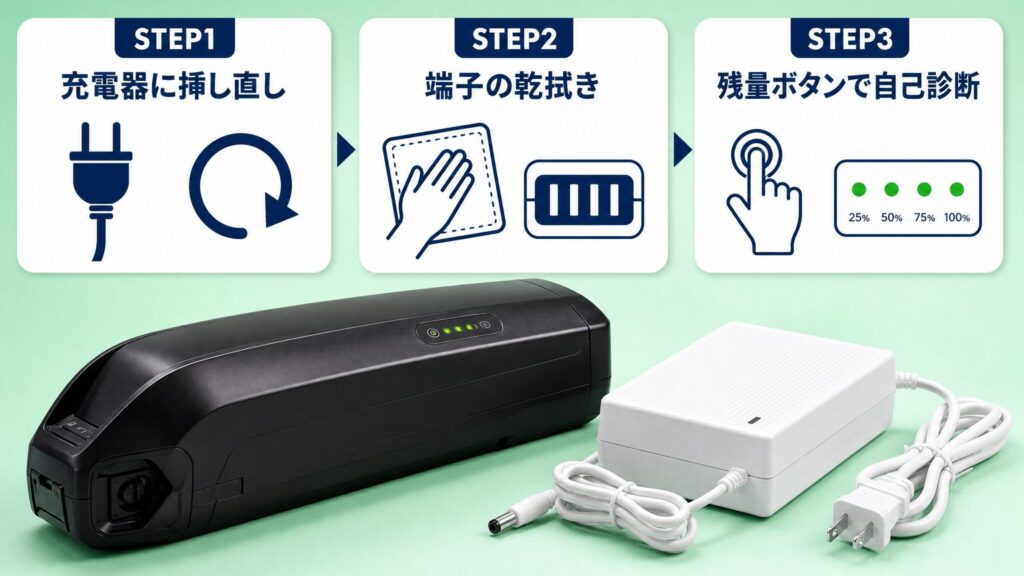 電動自転車のバッテリーが急になくなる症状に対し、交換や買い替え前に自分で試せる対処法として充電器の挿し直し、端子の乾拭き、残量ボタンによる自己診断の3ステップを整理したインフォグラフィック