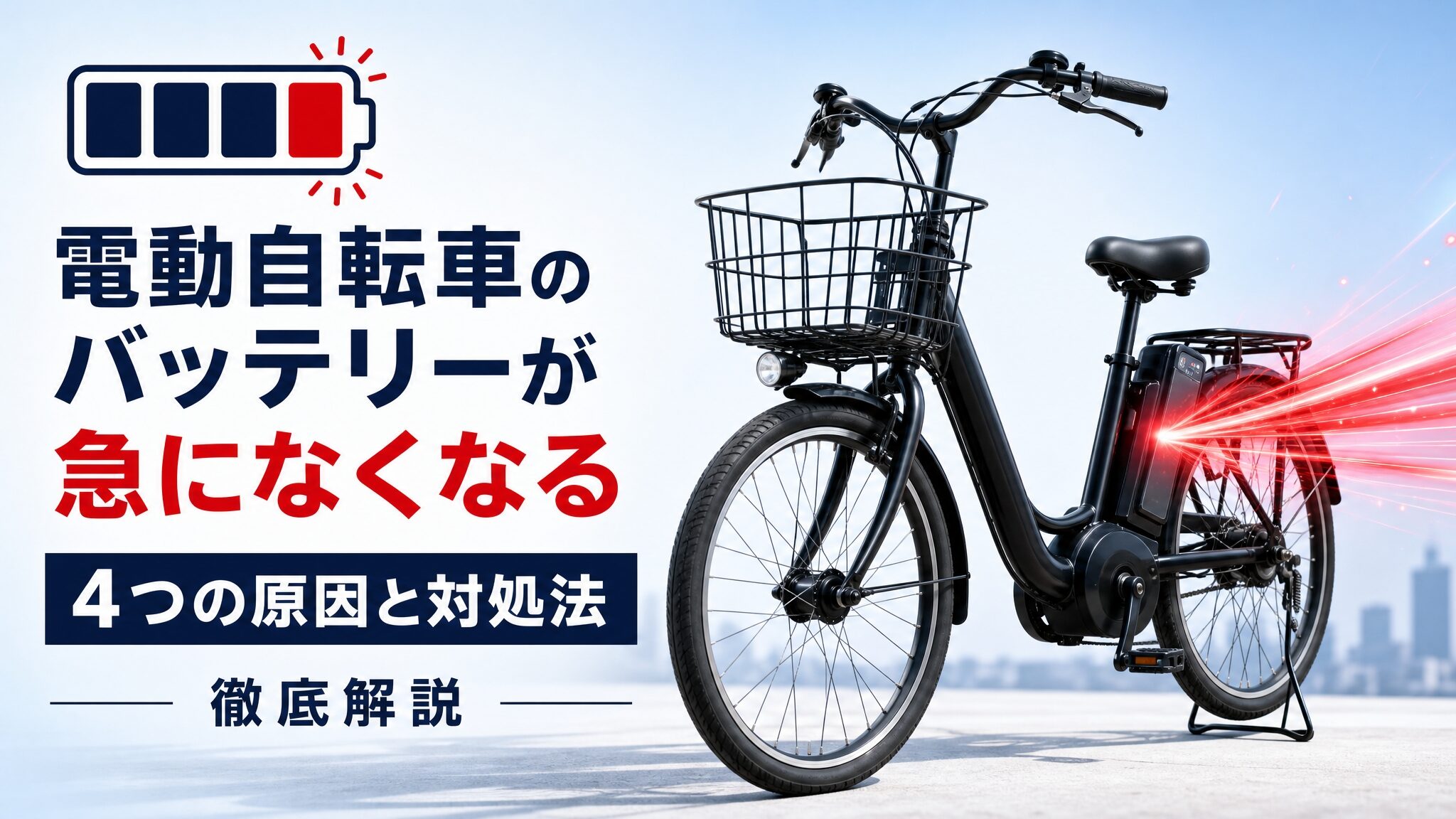 電動アシスト自転車のバッテリーから赤いエネルギーが抜け出す様子を表現し、電動自転車のバッテリーが急になくなる症状の4つの原因と対処法を解説する記事の導入用インフォグラフィック