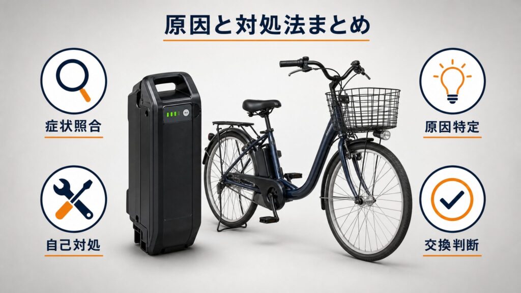 電動自転車のバッテリーが急になくなる原因と対処法のまとめとして、症状照合から原因特定、自己対処、交換判断までの4ステップをバッテリーと自転車の製品画像とともに整理したまとめインフォグラフィック