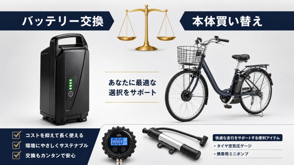 電動自転車のバッテリー交換と本体買い替えの判断基準を、純正バッテリーと電動アシスト自転車を天秤で比較する形で整理し、空気圧管理アイテムも含めて解説する判断材料のインフォグラフィック