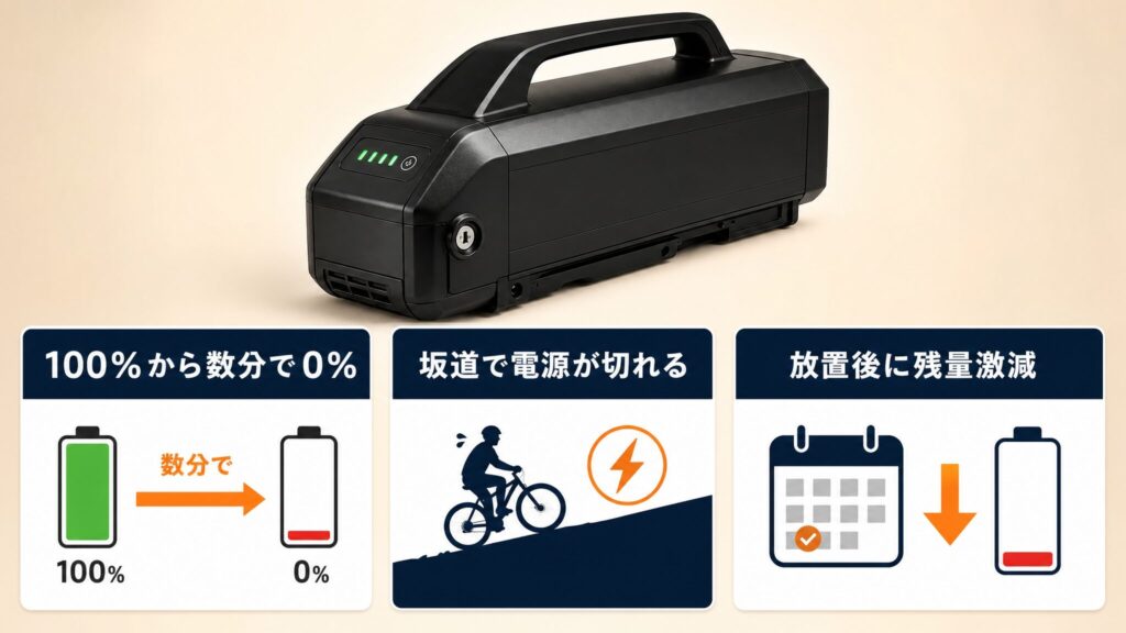 電動自転車のバッテリーが急になくなる代表的な3つのケースとして、満充電からの急減、坂道での電源切れ、放置後の残量激減を並列で図示した症状解説インフォグラフィック
