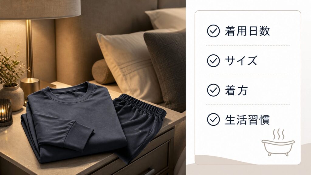 BAKUNEの効果を感じない時に見直したいポイントを示すインフォグラフィック。着用日数、サイズ、着方、生活習慣の4つのチェック項目をリカバリーウェアと並べて整理した構図。