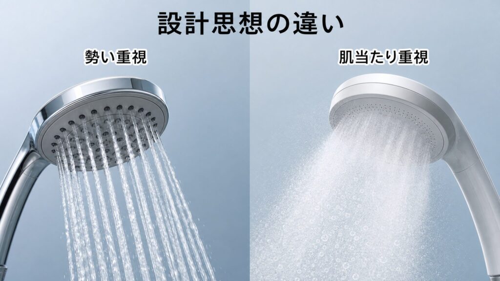 リファのシャワーヘッドは水圧弱いと感じる理由を示すため、従来型シャワーの勢いある水流とファインバブル型シャワーのやわらかい水流とミストを左右で対比したインフォグラフィック。設計思想の違いを視覚的に解説。