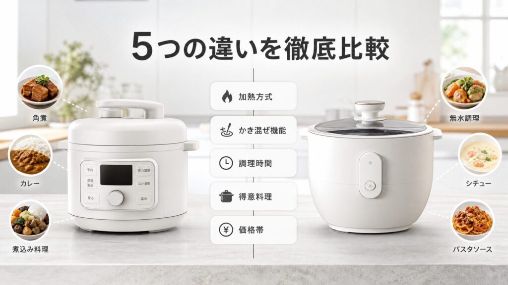 電気圧力鍋と自動調理鍋を左右に並べ、加熱方式やかき混ぜ機能など5つの違いを徹底比較する項目を示した章扉用フォトリアリスティックインフォグラフィック