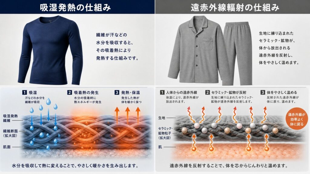 リカバリーウェアとヒートテックの違いを仕組みの観点で解説した画像。左にヒートテックの吸湿発熱、右にリカバリーウェアの遠赤外線輻射を繊維の拡大図とともに対比したインフォグラフィック。