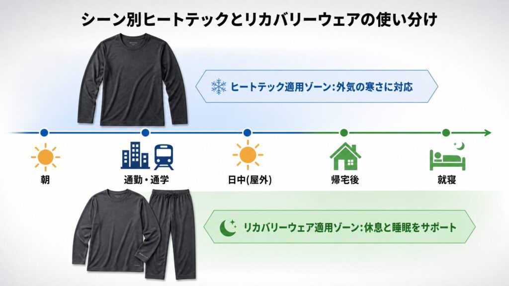 1日のタイムラインに沿って、リカバリーウェアとヒートテックの違いを使い分けの観点で整理した時間帯マップ。朝から日中の外出時はヒートテック、帰宅後から就寝時はリカバリーウェアという使い分けを示すインフォグラフィック。