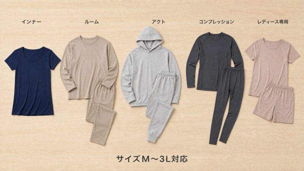 ワークマンMEDiHEALのインナー・ルーム・アクト・コンプレッション・レディース専用の5ライン構成を示す製品解説画像。M〜3Lのサイズ展開で幅広い体格に対応するリカバリーウェアのラインナップを俯瞰できる構図。