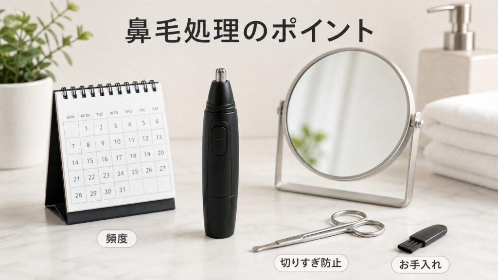 鼻毛処理で抑えておきたいポイントとして、処理頻度・切りすぎ防止・道具のお手入れをテーマに、カレンダー・鏡・電動カッター・セーフティハサミ・クリーニングブラシを並べたインフォグラフィック画像。