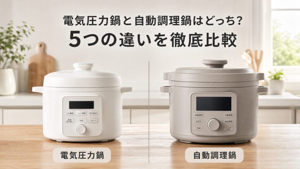 電気圧力鍋と自動調理鍋を左右に並べ、どっちを選ぶべきかをテーマに5つの違いを徹底比較する記事のメインビジュアルを示したフォトリアリスティックなインフォグラフィック