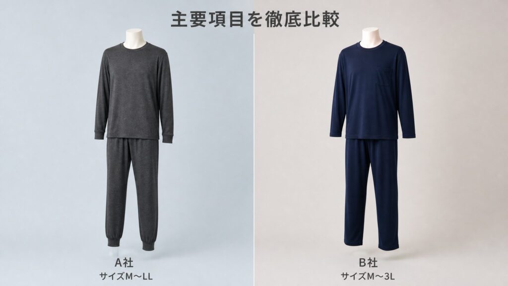 ニトリとワークマンのリカバリーウェアを左右に並べて徹底比較するビジュアル。A社のM〜LLサイズ展開とB社のM〜3Lサイズ展開、それぞれの上下セットをトルソーで提示し、主要項目の違いを直感的に把握できる構図。