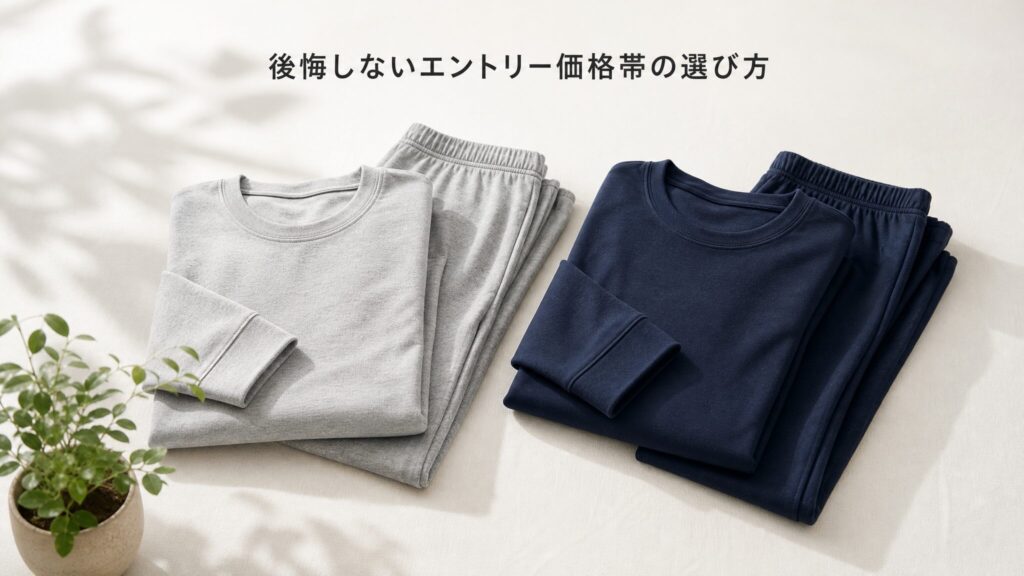 ニトリとワークマンのエントリー価格帯リカバリーウェアの選び方をまとめるビジュアル。たたまれた2ブランドの上下セットを並べ、後悔しない格安リカバリーウェア選びのポイントを振り返る記事まとめの導入画像。