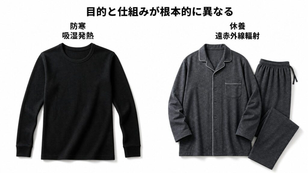 リカバリーウェアとヒートテックの違いを結論と比較の観点でまとめた対比画像。防寒目的のヒートテックと休養目的のリカバリーウェアを左右に並べ、目的と仕組みの違いを視覚化したインフォグラフィック。