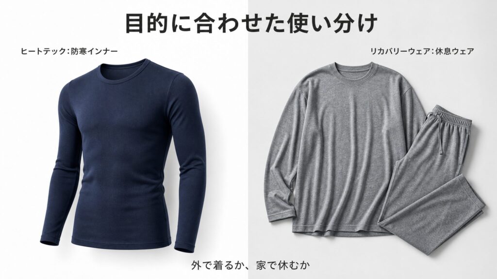 リカバリーウェアとヒートテックの違いを目的に合わせて使い分けるテーマを示すヒーロー画像。左に防寒インナー、右に休息向けの上下セットウェアを並べ、それぞれの役割の違いを視覚的に示したインフォグラフィック。