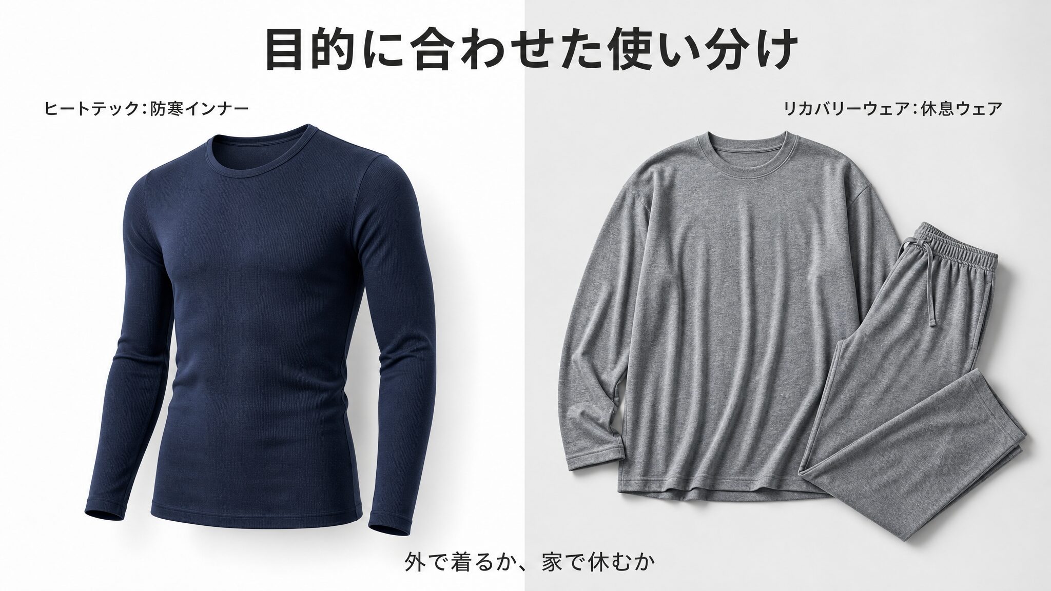 リカバリーウェアとヒートテックの違いを目的に合わせて使い分けるテーマを示すヒーロー画像。左に防寒インナー、右に休息向けの上下セットウェアを並べ、それぞれの役割の違いを視覚的に示したインフォグラフィック。