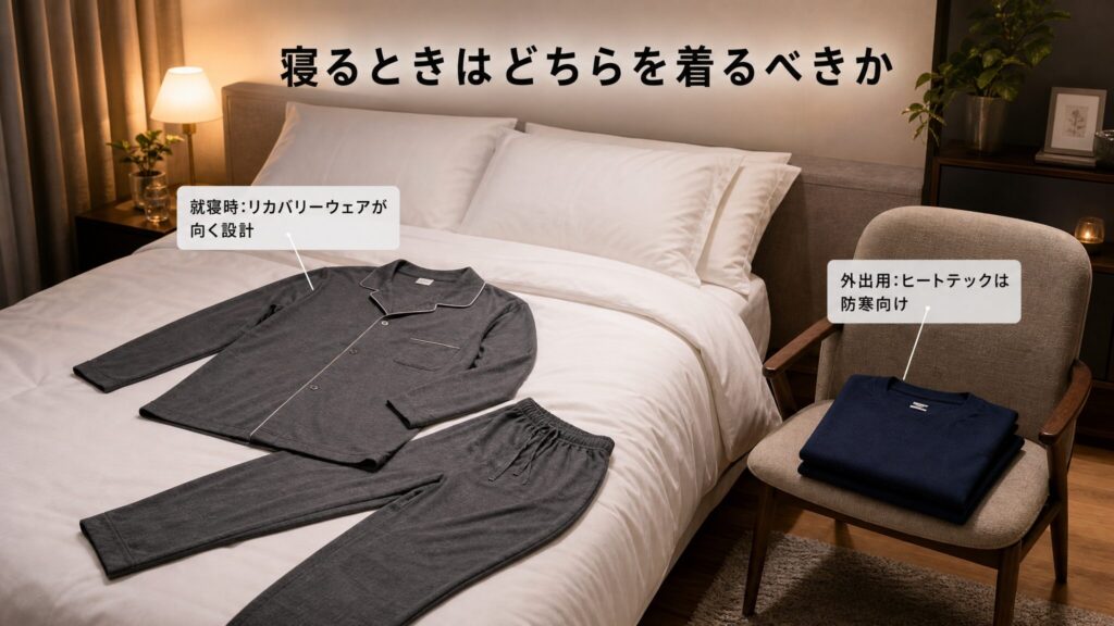 寝るときにリカバリーウェアとヒートテックの違いを踏まえてどちらが向いているかをテーマにした画像。ベッドの上に上下セットの休息ウェア、椅子に防寒インナーを並べ、就寝シーンの選び方を示すインフォグラフィック。