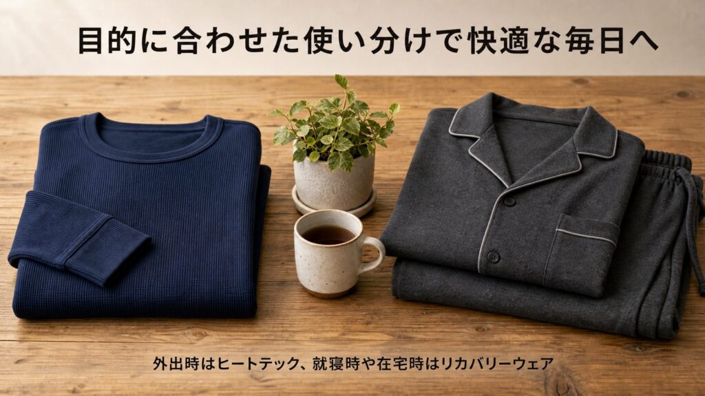 リカバリーウェアとヒートテックの違いを目的に合わせて使い分けるまとめ画像。テーブルの上に防寒インナーと休息向け上下セットウェアを並べ、シーン別の使い分けで快適な毎日を提案するインフォグラフィック。