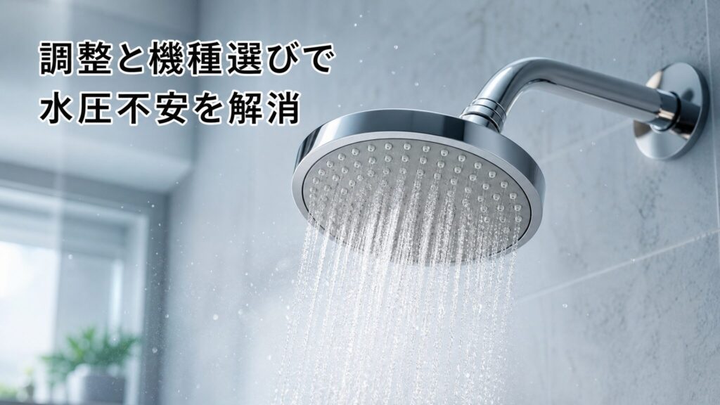 リファの水圧不安は調整と機種選びで解消できることを示すまとめビジュアル。明るいバスルームを背景に銀色のシャワーヘッドから心地よく水流とミストが流れる様子と、解決を示す日本語キャプションを配置したインフォグラフィック。