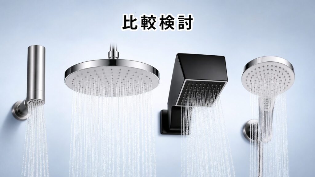 水圧の不安が少ないシャワーヘッドの機種と他社製品の選択肢を比較するインフォグラフィック。デザインの異なる4種類のシャワーヘッドを横並びに配置し、ラインナップ比較の検討に活用できるビジュアル。