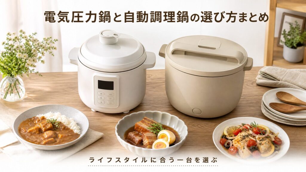 電気圧力鍋と自動調理鍋を完成した料理とともに並べ、違いとおすすめモデルの選び方をまとめたまとめ章用フォトリアリスティックインフォグラフィック
