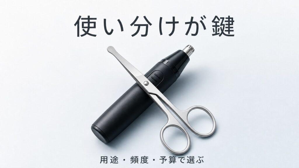 鼻毛カッターとハサミは使い分けが鍵というまとめをテーマに、電動カッターと先丸のセーフティハサミをクロス配置し、用途・頻度・予算で選ぶことを示したインフォグラフィック画像。