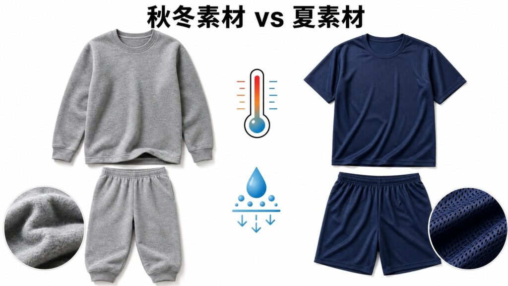 厚手のスウェット素材パジャマと薄手のメッシュ素材パジャマを左右に並べて素材差を比較したBAKUNEが夏に暑いと感じる原因を示す解説画像