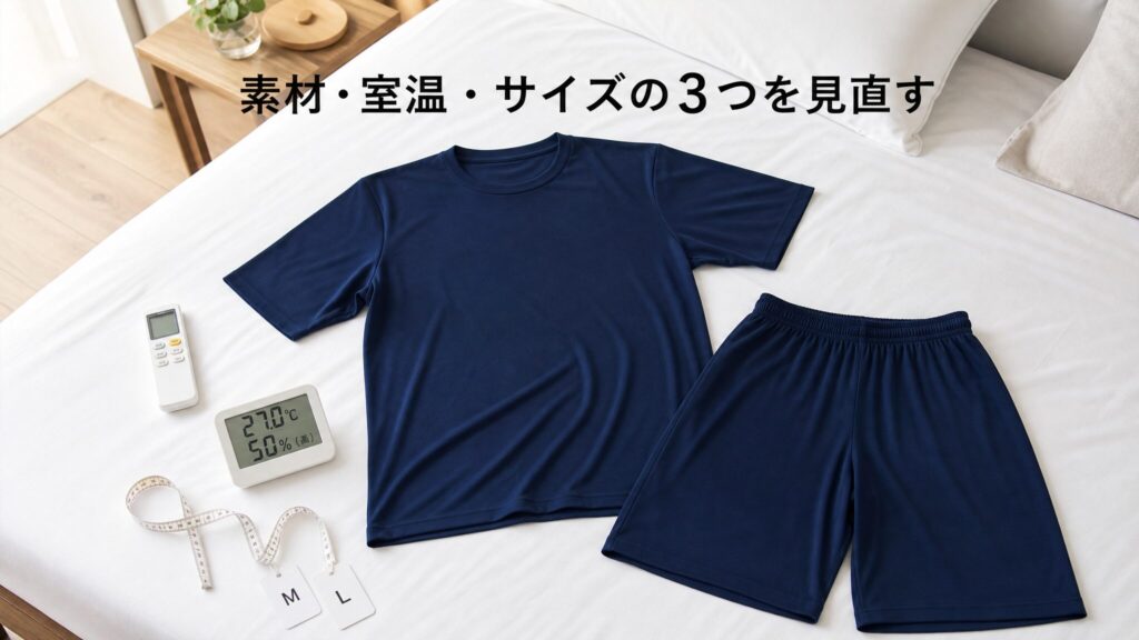 ベッドに広げたリカバリーウェアと温湿度計やメジャーを配置しBAKUNEが暑いと感じる人の見直しポイントを素材と室温とサイズで示した解説画像