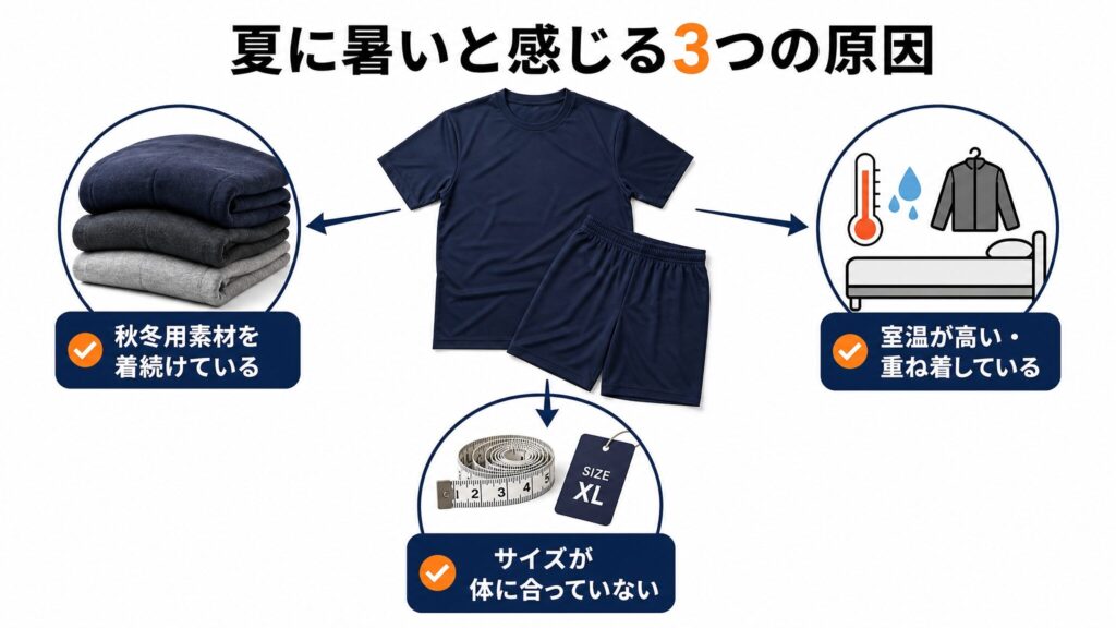 中央のリカバリーウェアから秋冬用素材の継続着用と室温や重ね着とサイズ不適合の3要素へ放射状に展開しBAKUNEが夏に暑いと感じる3つの原因を整理したインフォグラフィック