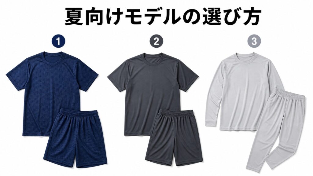 薄手メッシュ半袖とドライ半袖とドライ長袖の3パターンのリカバリーウェアを横に並べて夏に快適なBAKUNEシリーズの選び方を比較した解説画像