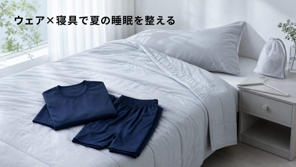 ベッド上の接触冷感の肌掛け布団とリカバリーウェア上下セットと洗濯ネットを配置し夏の睡眠環境を整えるためのアイテムの組み合わせを示した解説画像