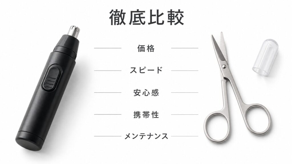 鼻毛カッターとハサミの差を徹底比較するため、電動カッターと先丸ハサミを左右に並べ、価格・スピード・安心感・携帯性・メンテナンスの比較項目を周囲に配置したインフォグラフィック画像。