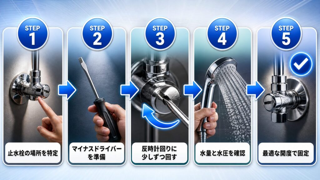 シャワーヘッドの水圧を強くするための改善策として、止水栓をマイナスドライバーで開く5ステップ手順を示した図解。場所特定・工具準備・反時計回りに回す・水量確認・固定までを順序立てて視覚化したフロー図。
